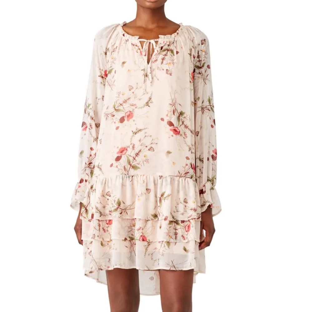 Collection by Bobeau Cream Floral Tiered Ruffle Drop Waist Dress Large